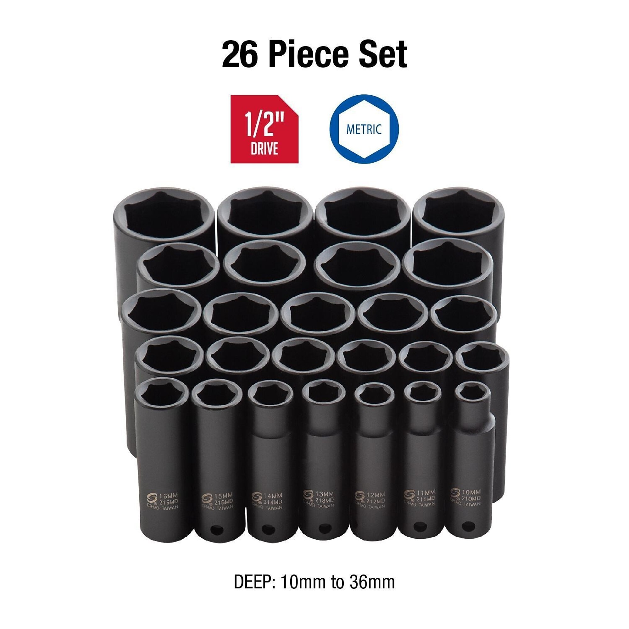 Sunex Tools Metric Deep Impact Socket Set — 1/2in. Drive, 6 Pt, 26 Pcs, Model# 2646